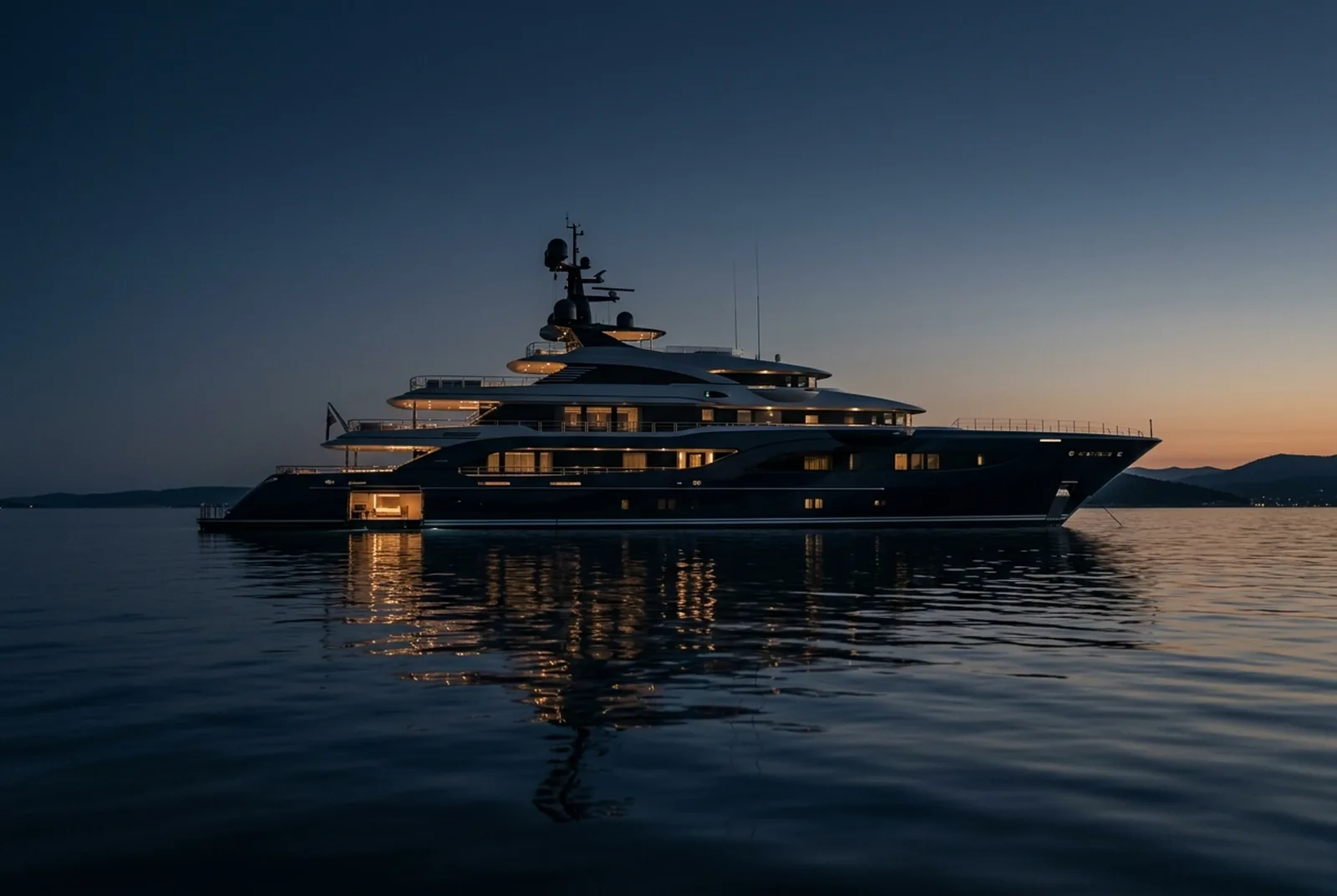 A superyacht at anchor on still water at blue-hour dusk, deck lights glowing